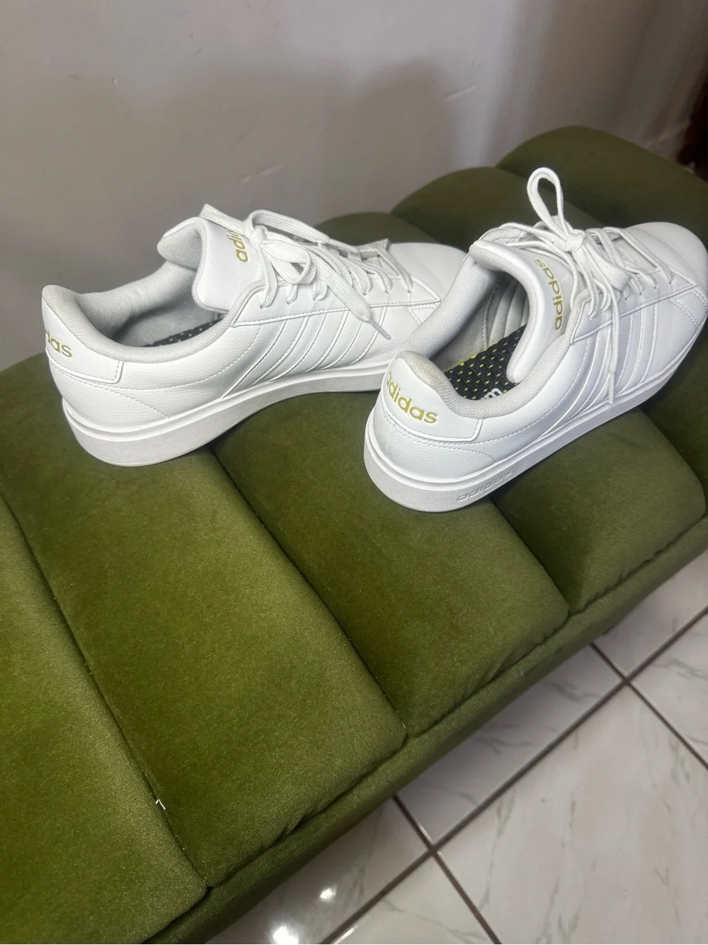 adidas White Sneakers with Gold Script Logo